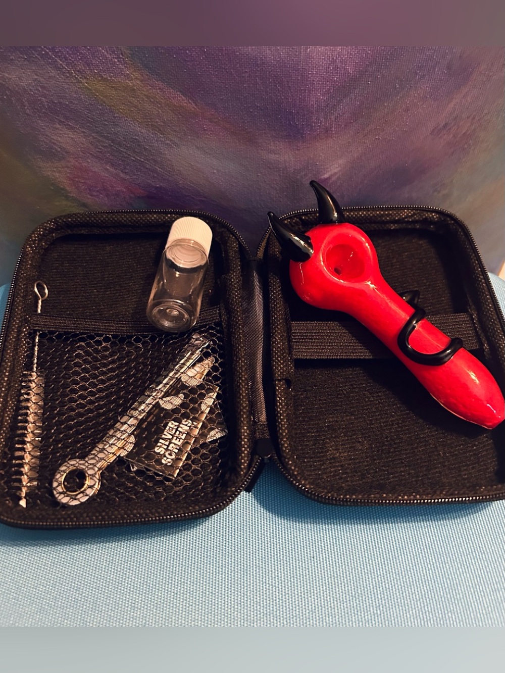 Red Devil Glass Art Hand Piece with Travel Case